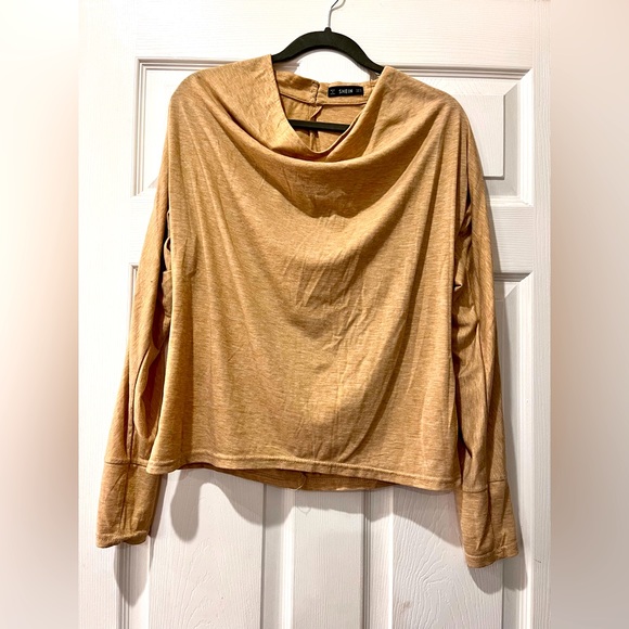 Golden Long Sleeve Blouse with Draped Neckline - Picture 1 of 3